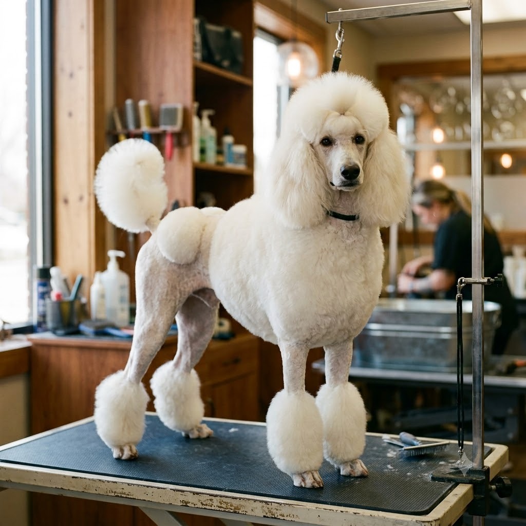 A dog groomed in a continental clip