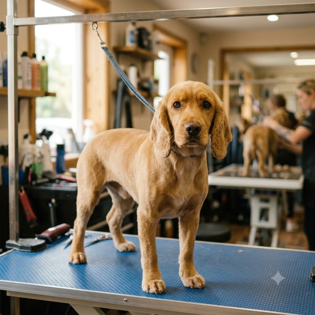 A dog groomed in a kennel / summer cut