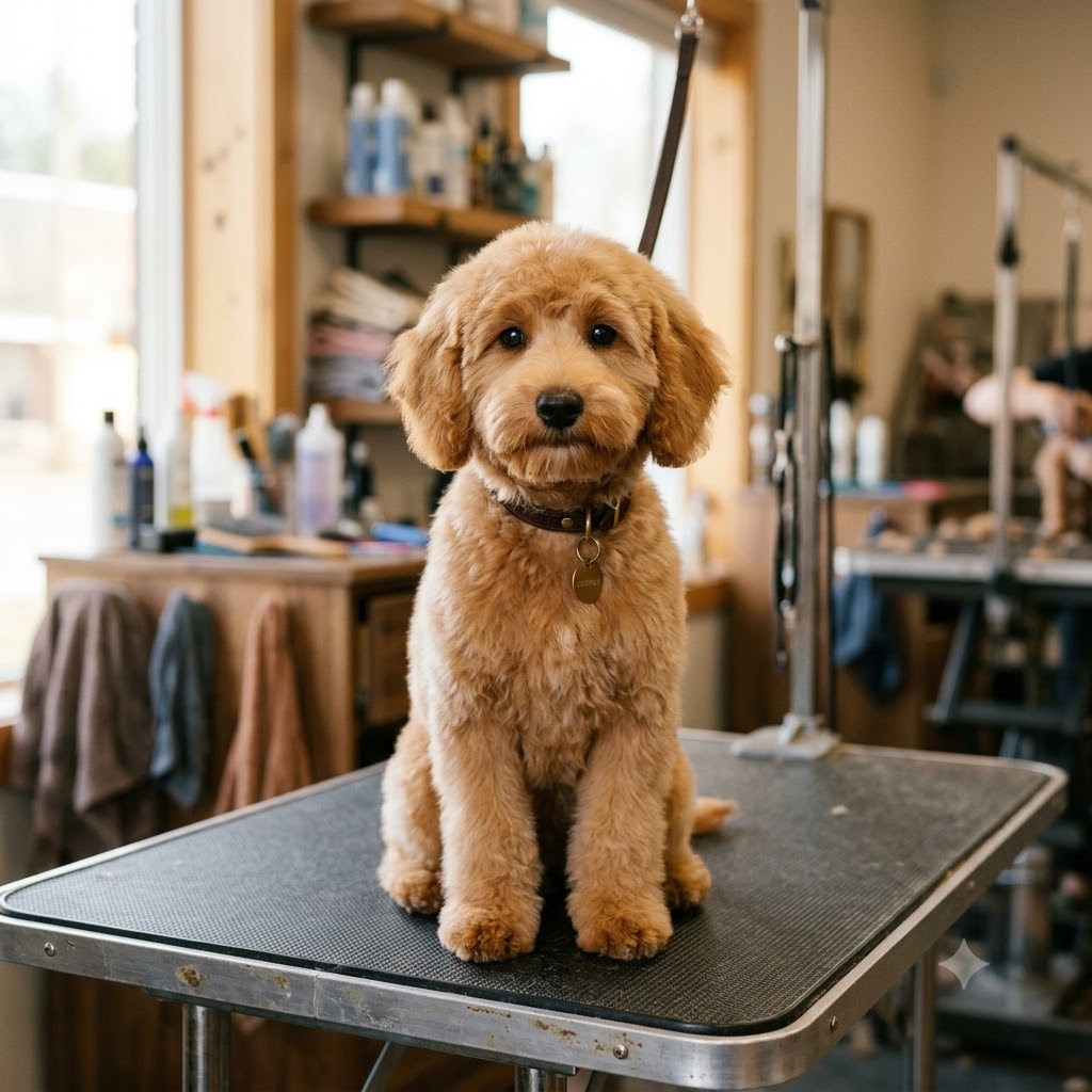 A dog groomed in a puppy cut