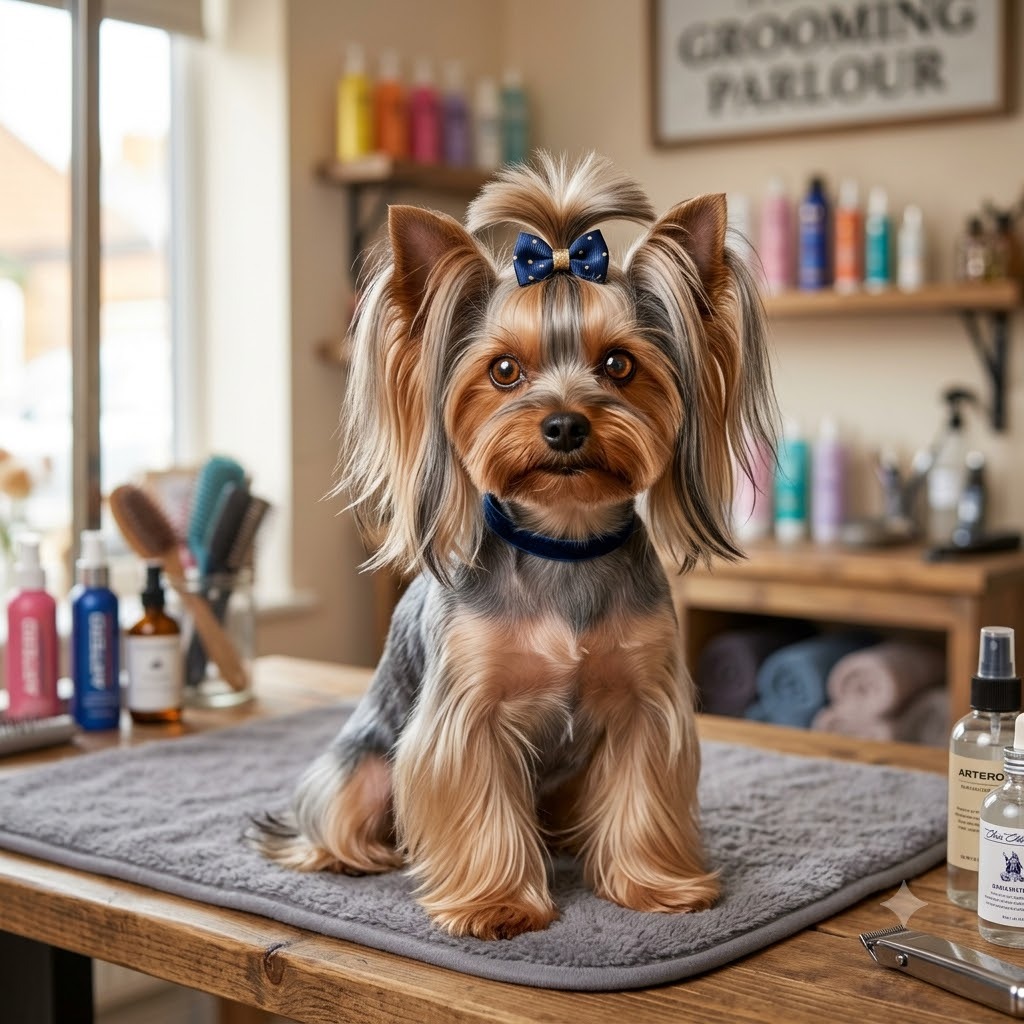 A dog groomed in a top knot & feathering